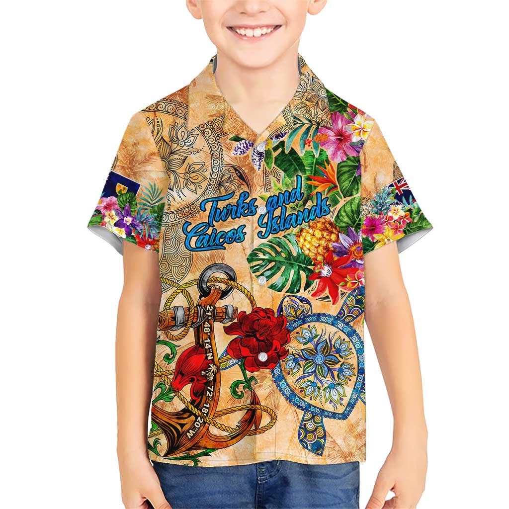 Turks and Caicos Islands Family Matching Short Sleeve Bodycon Dress and Hawaiian Shirt Geographic Coordinate Anchor - Turlte Tropical