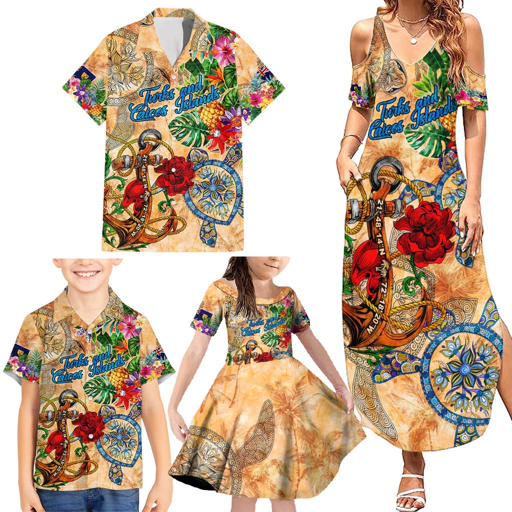 Turks and Caicos Islands Family Matching Summer Maxi Dress and Hawaiian Shirt Geographic Coordinate Anchor - Turlte Tropical
