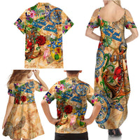 Turks and Caicos Islands Family Matching Summer Maxi Dress and Hawaiian Shirt Geographic Coordinate Anchor - Turlte Tropical