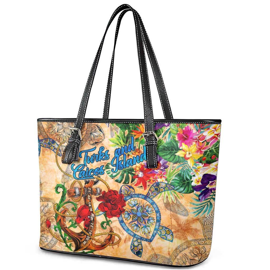 Turks and Caicos Islands Leather Tote Bag Geographic Coordinate Anchor - Turlte Tropical