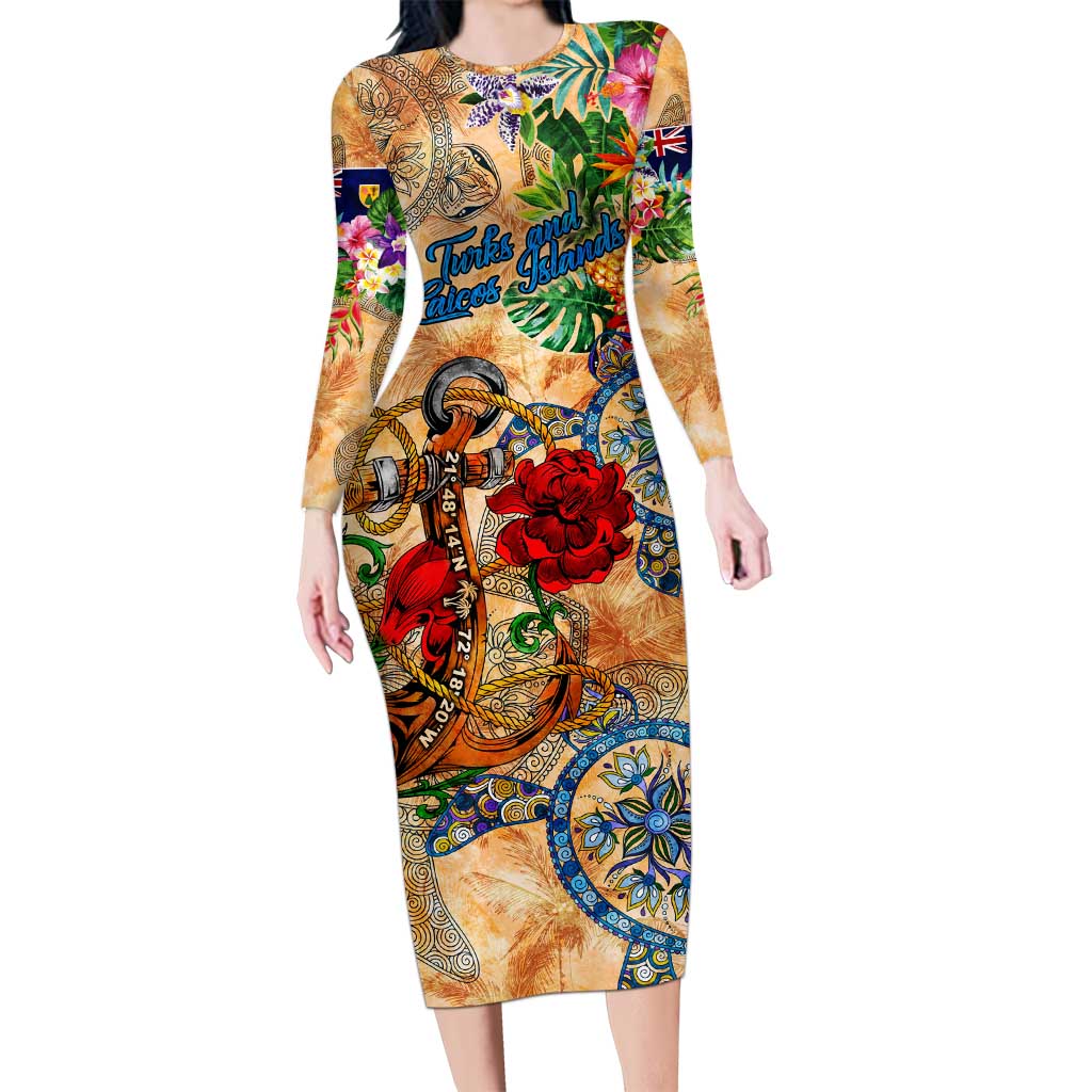 Turks and Caicos Islands Long Sleeve Bodycon Dress Geographic Coordinate Anchor - Turlte Tropical