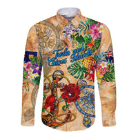 Turks and Caicos Islands Long Sleeve Button Shirt Geographic Coordinate Anchor - Turlte Tropical