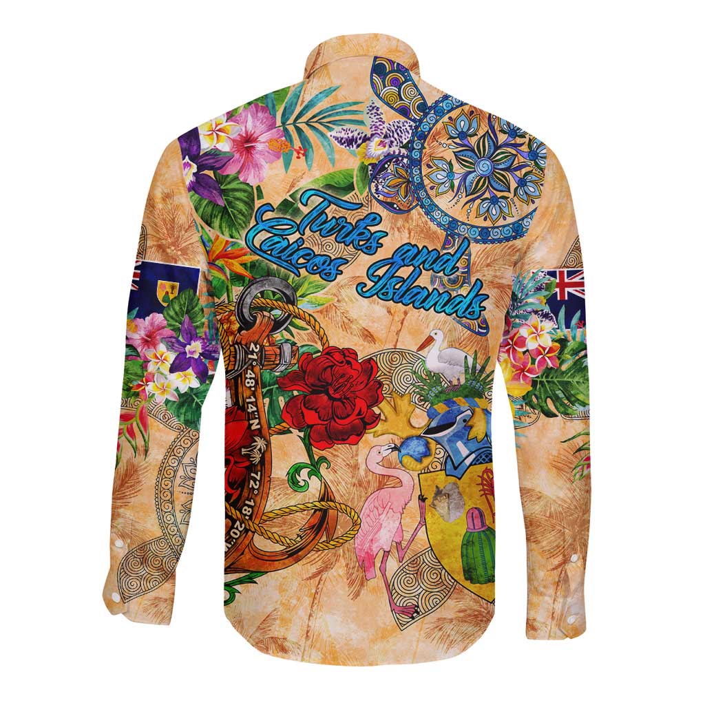 Turks and Caicos Islands Long Sleeve Button Shirt Geographic Coordinate Anchor - Turlte Tropical
