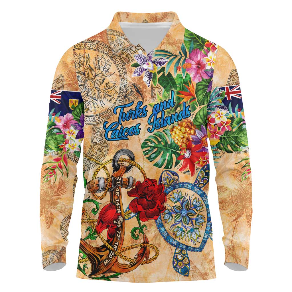 Turks and Caicos Islands Long Sleeve Polo Shirt Geographic Coordinate Anchor - Turlte Tropical