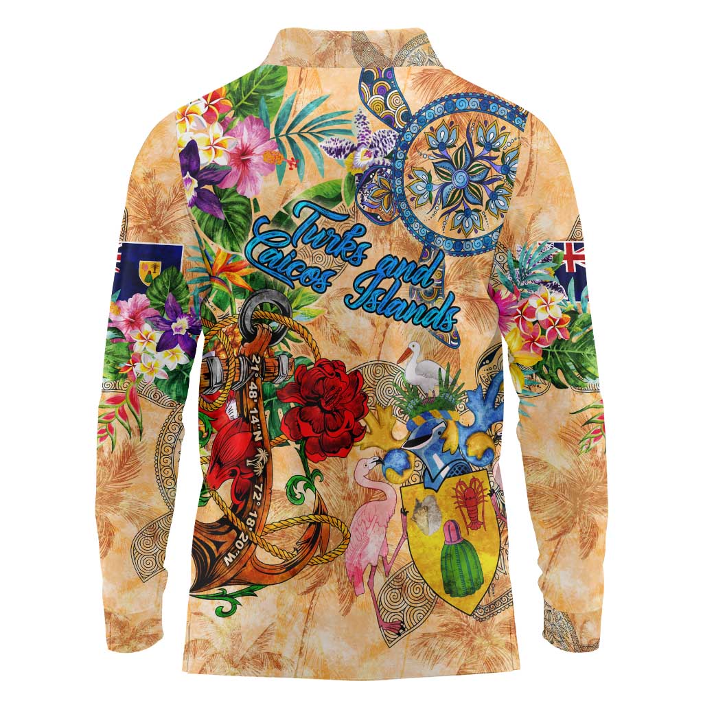 Turks and Caicos Islands Long Sleeve Polo Shirt Geographic Coordinate Anchor - Turlte Tropical