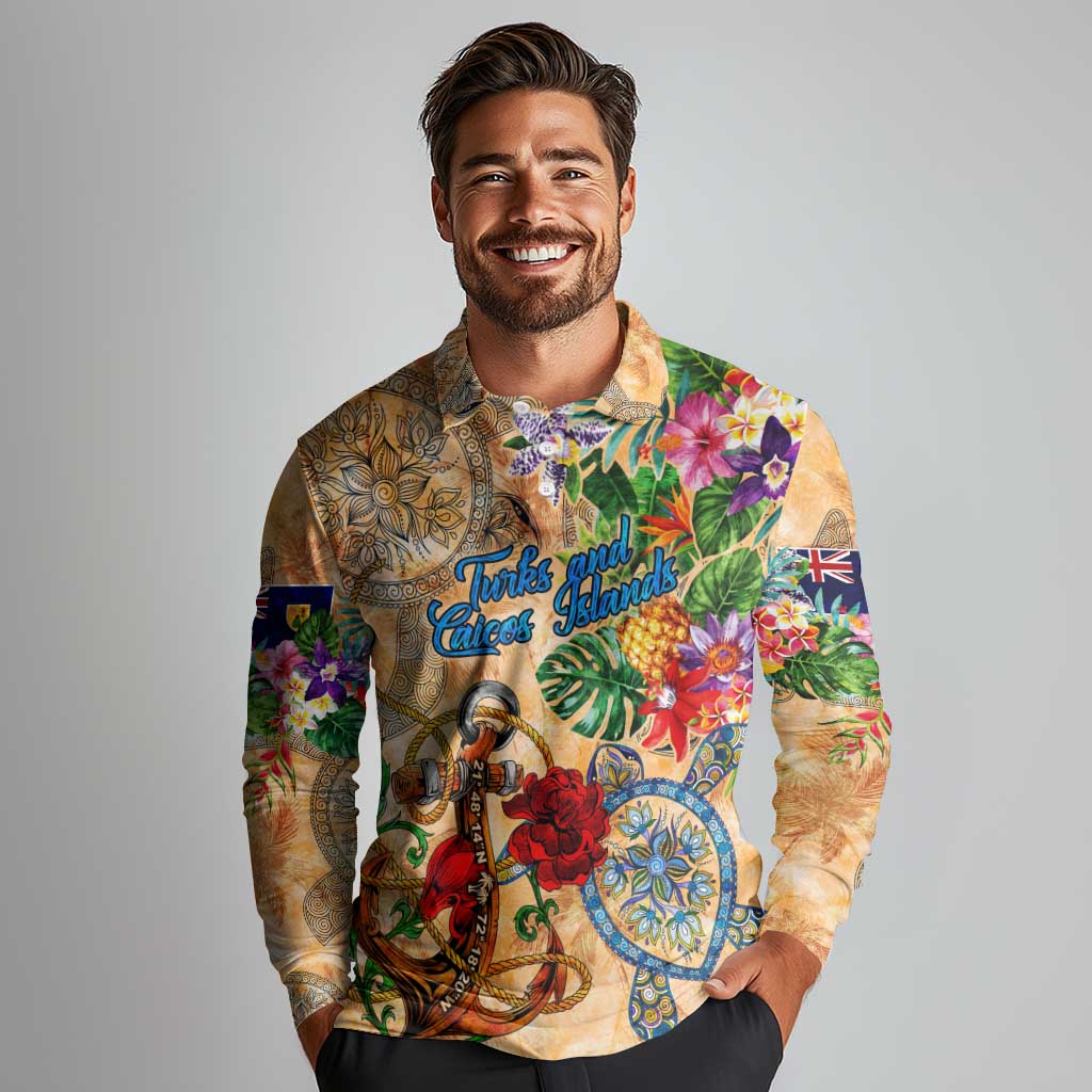 Turks and Caicos Islands Long Sleeve Polo Shirt Geographic Coordinate Anchor - Turlte Tropical