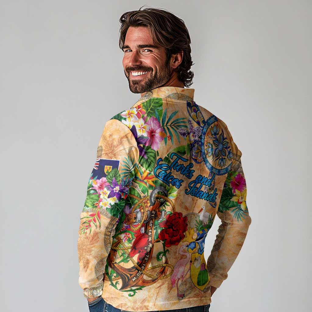Turks and Caicos Islands Long Sleeve Polo Shirt Geographic Coordinate Anchor - Turlte Tropical