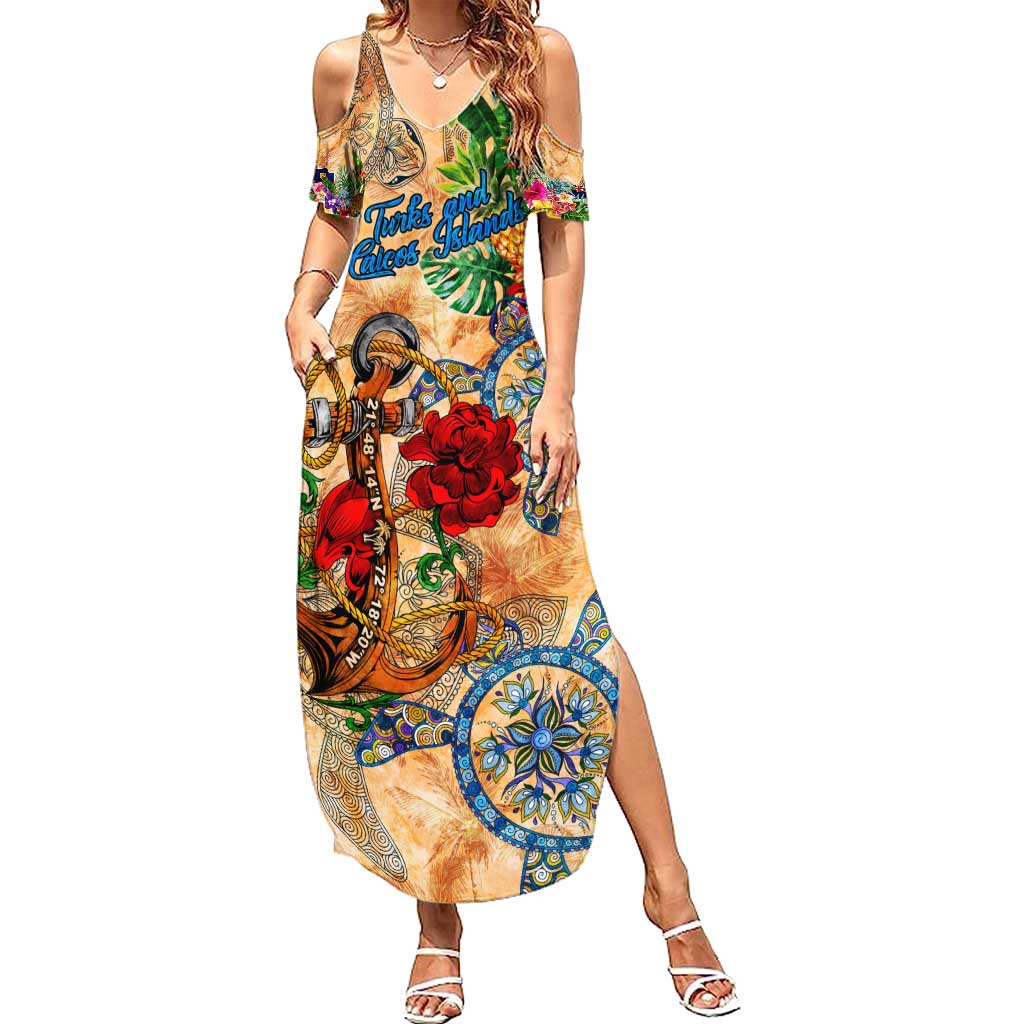 Turks and Caicos Islands Summer Maxi Dress Geographic Coordinate Anchor - Turlte Tropical