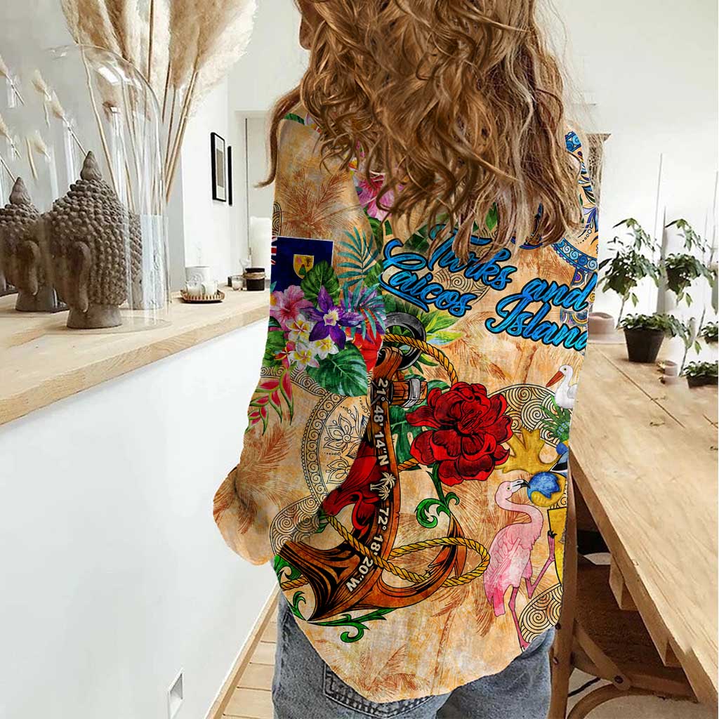 Turks and Caicos Islands Women Casual Shirt Geographic Coordinate Anchor - Turlte Tropical