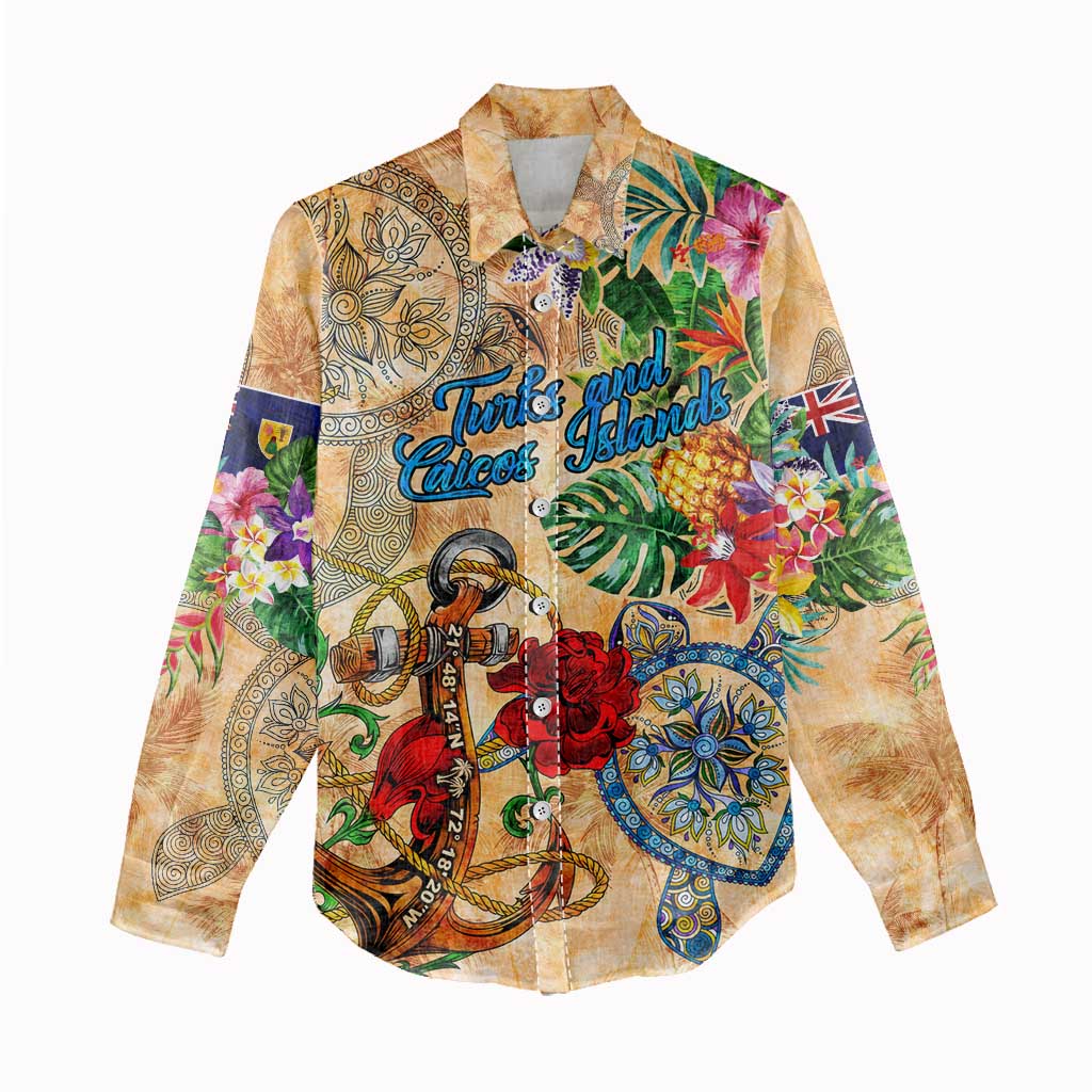 Turks and Caicos Islands Women Casual Shirt Geographic Coordinate Anchor - Turlte Tropical