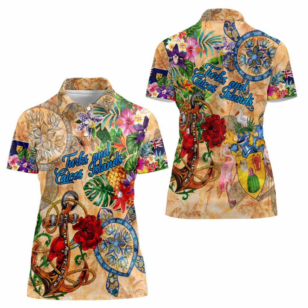 Turks and Caicos Islands Women Polo Shirt Geographic Coordinate Anchor - Turlte Tropical