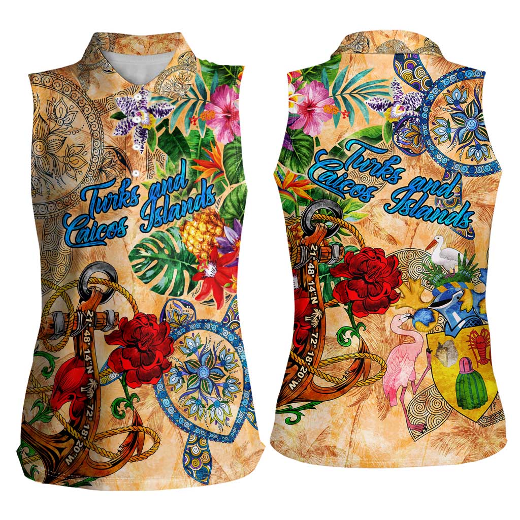 Turks and Caicos Islands Women Sleeveless Polo Shirt Geographic Coordinate Anchor - Turlte Tropical