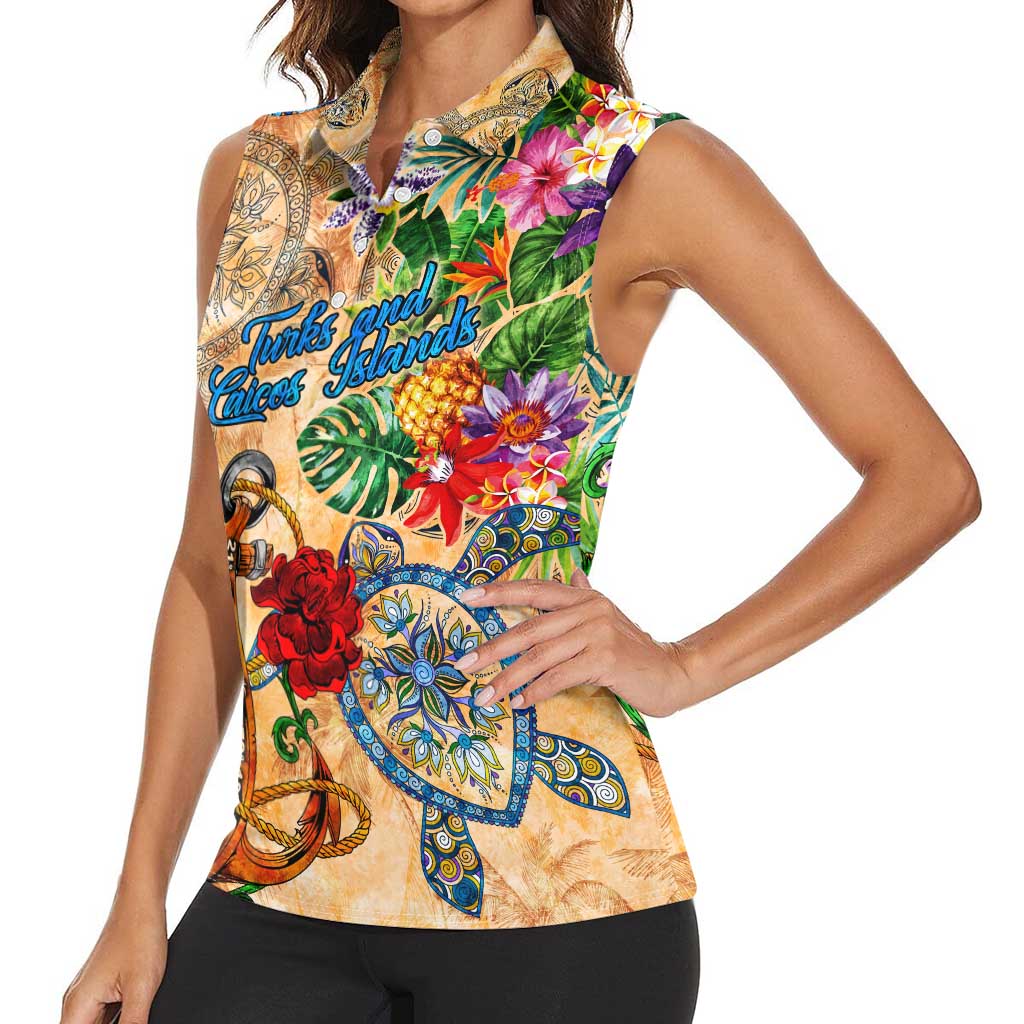 Turks and Caicos Islands Women Sleeveless Polo Shirt Geographic Coordinate Anchor - Turlte Tropical