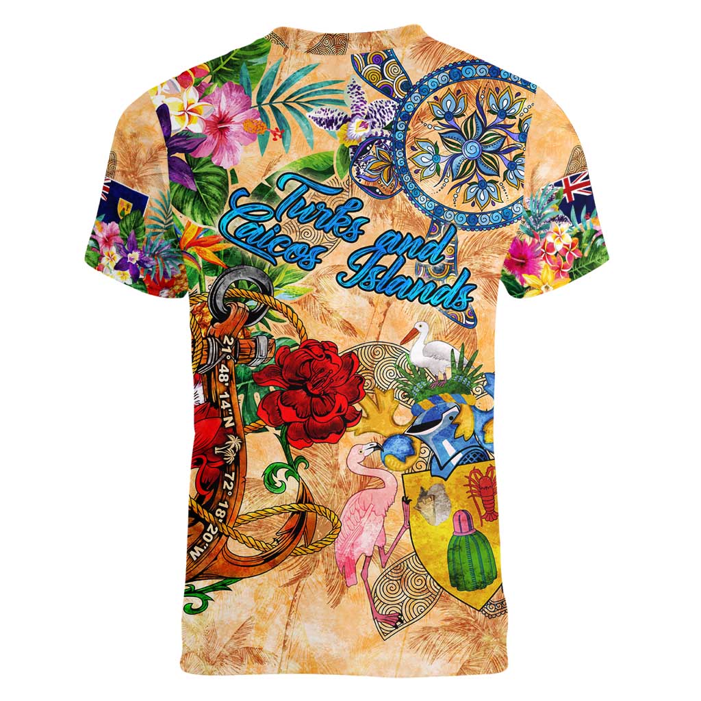 Turks and Caicos Islands Women V-Neck T-Shirt Geographic Coordinate Anchor - Turlte Tropical