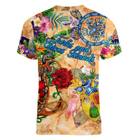 Turks and Caicos Islands Women V-Neck T-Shirt Geographic Coordinate Anchor - Turlte Tropical