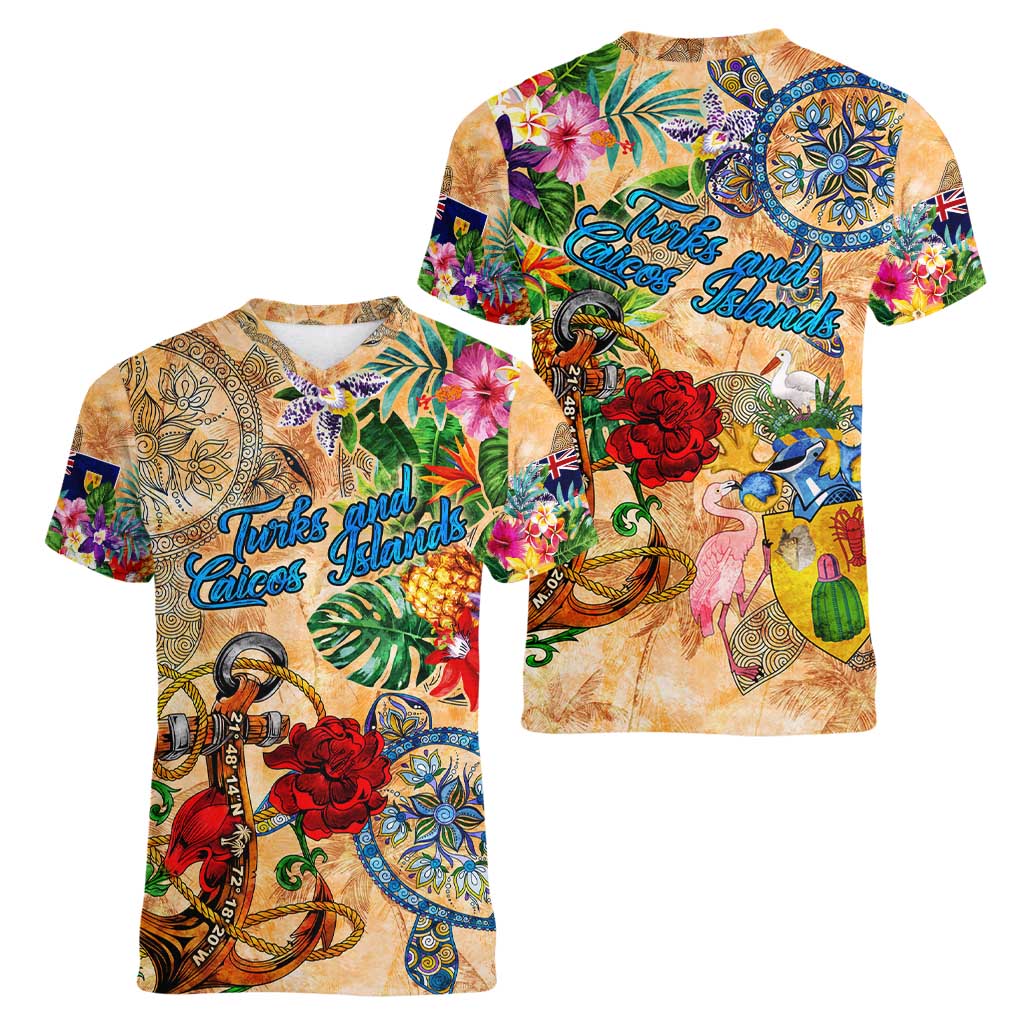 Turks and Caicos Islands Women V-Neck T-Shirt Geographic Coordinate Anchor - Turlte Tropical