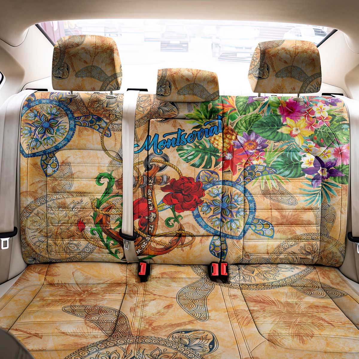 Montserrat Back Car Seat Cover Geographic Coordinate Anchor - Turlte Tropical