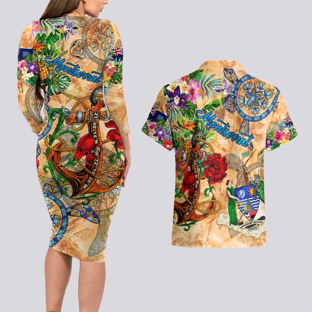 Montserrat Couples Matching Long Sleeve Bodycon Dress and Hawaiian Shirt Geographic Coordinate Anchor - Turlte Tropical
