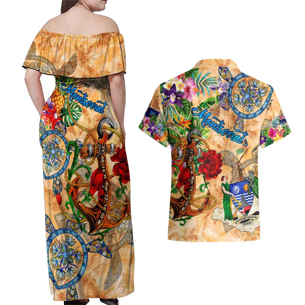 Montserrat Couples Matching Off Shoulder Maxi Dress and Hawaiian Shirt Geographic Coordinate Anchor - Turlte Tropical