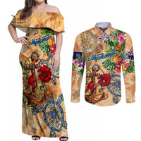 Montserrat Couples Matching Off Shoulder Maxi Dress and Long Sleeve Button Shirt Geographic Coordinate Anchor - Turlte Tropical