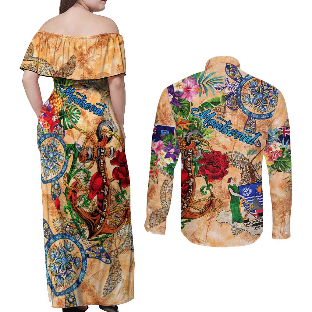 Montserrat Couples Matching Off Shoulder Maxi Dress and Long Sleeve Button Shirt Geographic Coordinate Anchor - Turlte Tropical