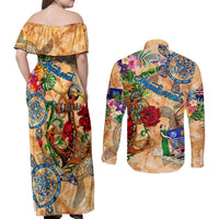 Montserrat Couples Matching Off Shoulder Maxi Dress and Long Sleeve Button Shirt Geographic Coordinate Anchor - Turlte Tropical