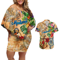 Montserrat Couples Matching Off Shoulder Short Dress and Hawaiian Shirt Geographic Coordinate Anchor - Turlte Tropical
