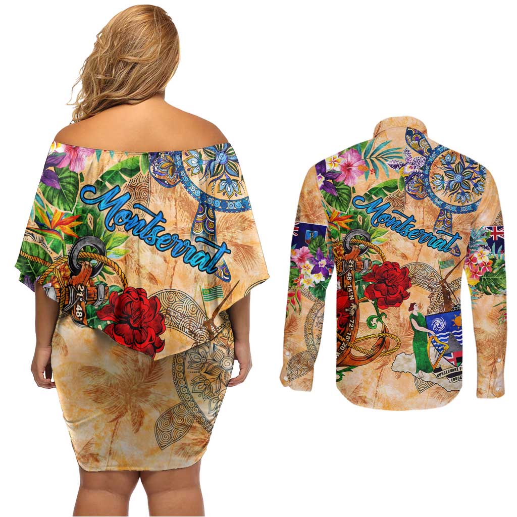 Montserrat Couples Matching Off Shoulder Short Dress and Long Sleeve Button Shirt Geographic Coordinate Anchor - Turlte Tropical