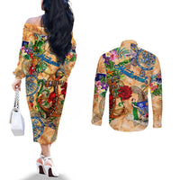Montserrat Couples Matching Off The Shoulder Long Sleeve Dress and Long Sleeve Button Shirt Geographic Coordinate Anchor - Turlte Tropical