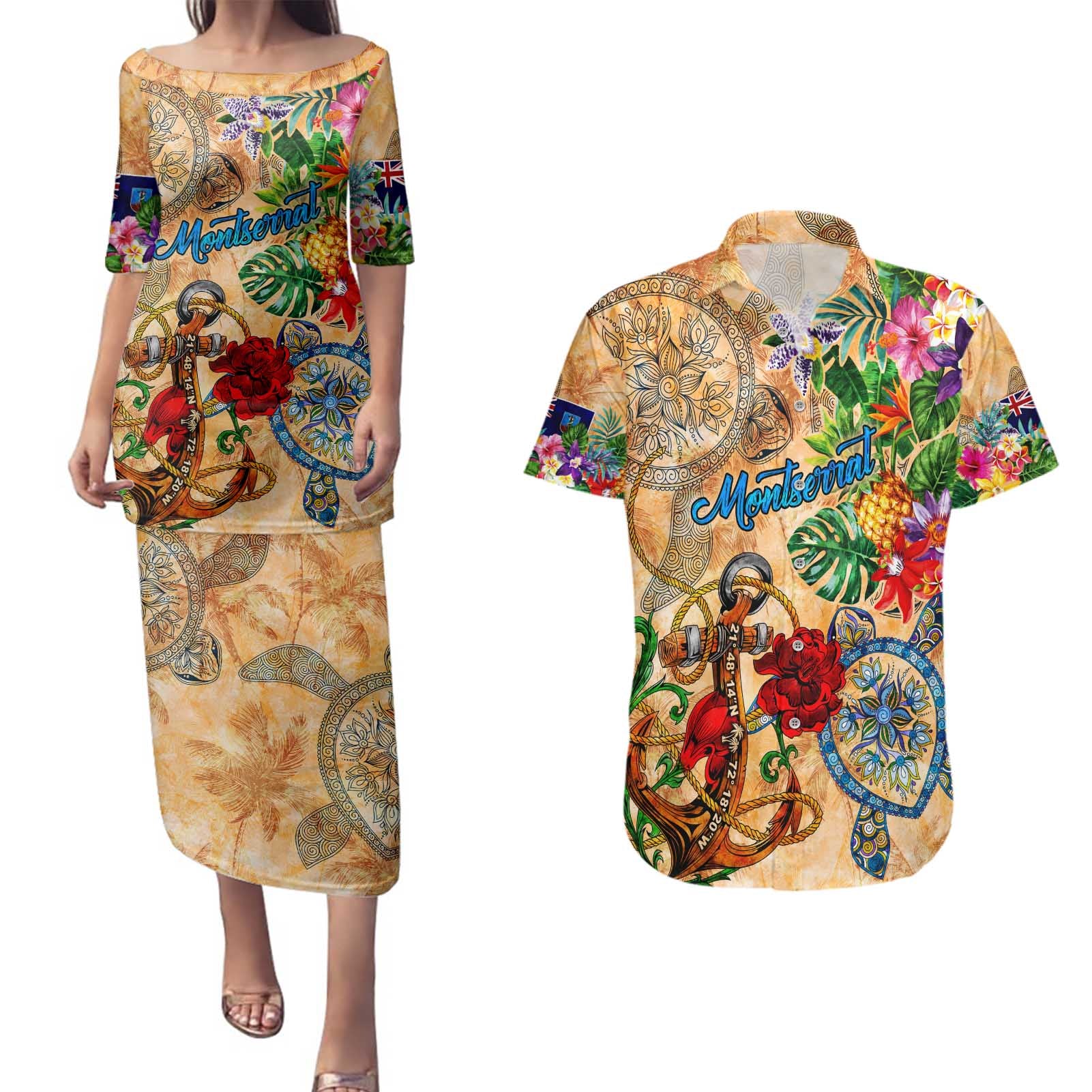 Montserrat Couples Matching Puletasi and Hawaiian Shirt Geographic Coordinate Anchor - Turlte Tropical
