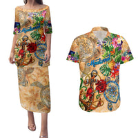 Montserrat Couples Matching Puletasi and Hawaiian Shirt Geographic Coordinate Anchor - Turlte Tropical