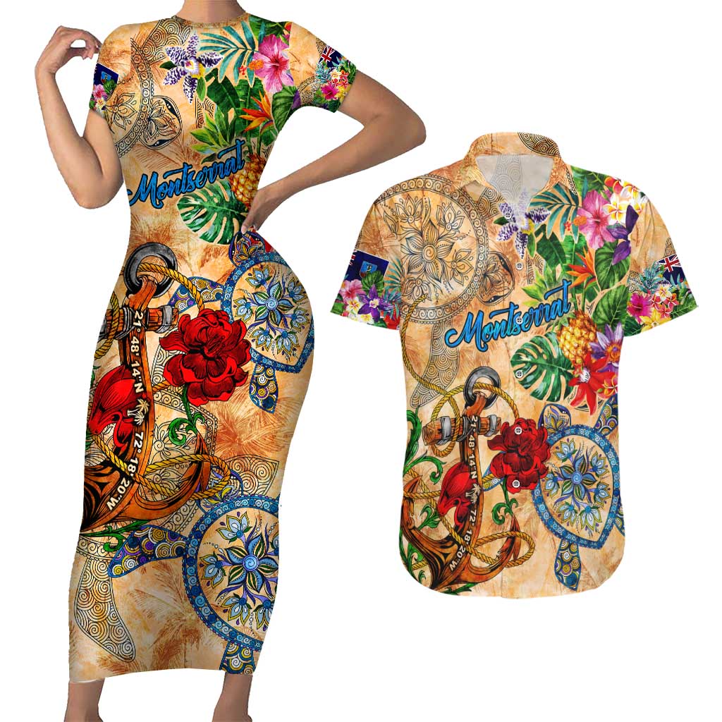 Montserrat Couples Matching Short Sleeve Bodycon Dress and Hawaiian Shirt Geographic Coordinate Anchor - Turlte Tropical
