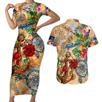 Montserrat Couples Matching Short Sleeve Bodycon Dress and Hawaiian Shirt Geographic Coordinate Anchor - Turlte Tropical