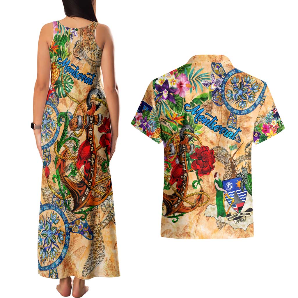 Montserrat Couples Matching Tank Maxi Dress and Hawaiian Shirt Geographic Coordinate Anchor - Turlte Tropical