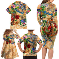 Montserrat Family Matching Long Sleeve Bodycon Dress and Hawaiian Shirt Geographic Coordinate Anchor - Turlte Tropical
