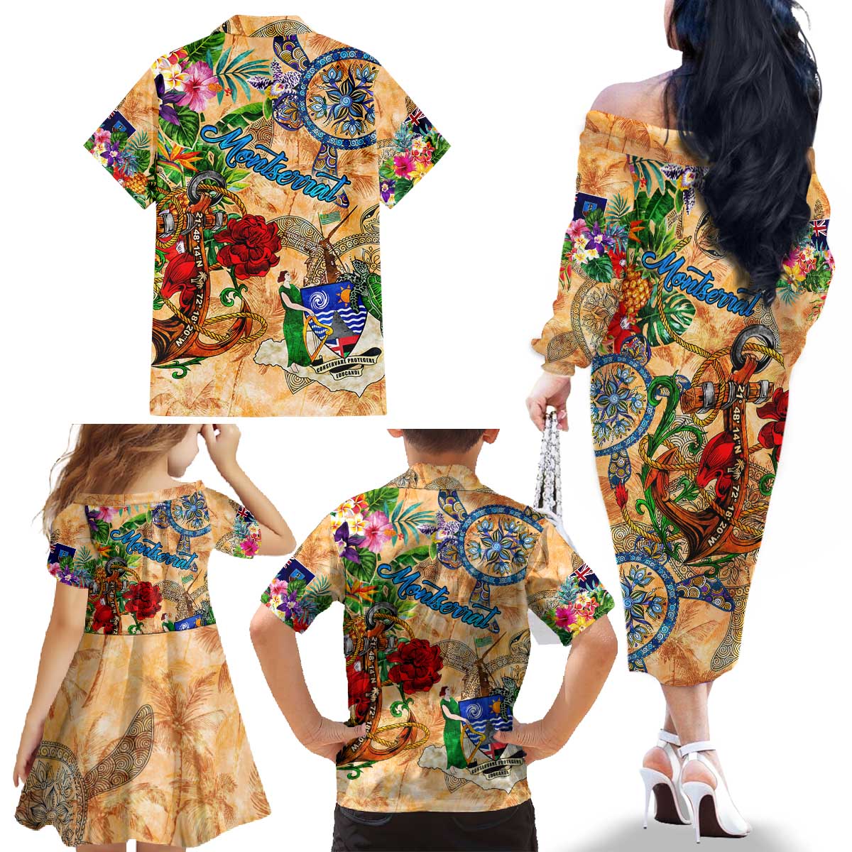 Montserrat Family Matching Off The Shoulder Long Sleeve Dress and Hawaiian Shirt Geographic Coordinate Anchor - Turlte Tropical