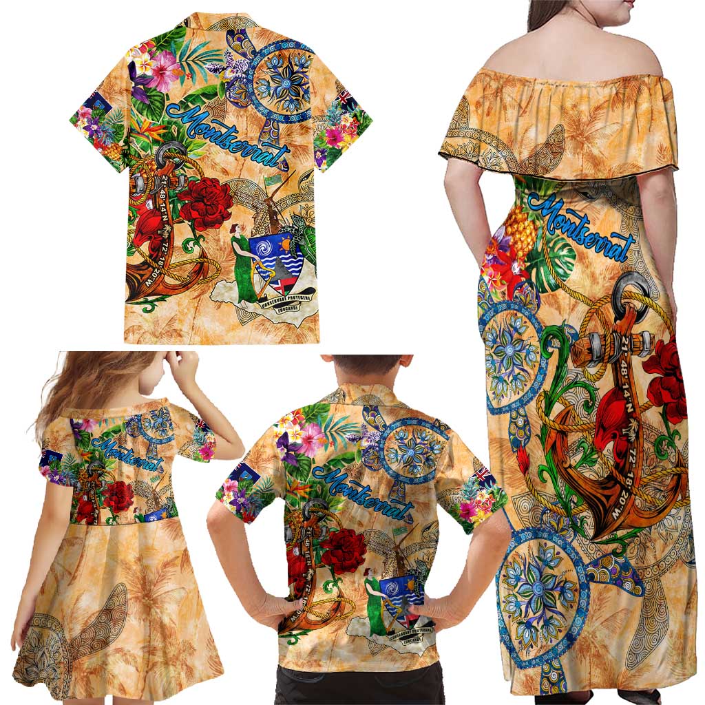 Montserrat Family Matching Off Shoulder Maxi Dress and Hawaiian Shirt Geographic Coordinate Anchor - Turlte Tropical