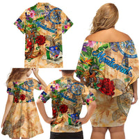 Montserrat Family Matching Off Shoulder Short Dress and Hawaiian Shirt Geographic Coordinate Anchor - Turlte Tropical