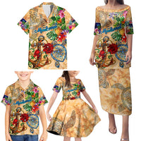 Montserrat Family Matching Puletasi and Hawaiian Shirt Geographic Coordinate Anchor - Turlte Tropical
