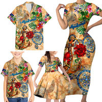 Montserrat Family Matching Short Sleeve Bodycon Dress and Hawaiian Shirt Geographic Coordinate Anchor - Turlte Tropical