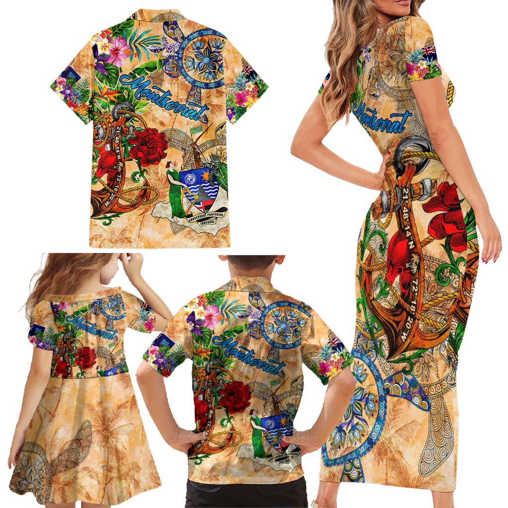 Montserrat Family Matching Short Sleeve Bodycon Dress and Hawaiian Shirt Geographic Coordinate Anchor - Turlte Tropical