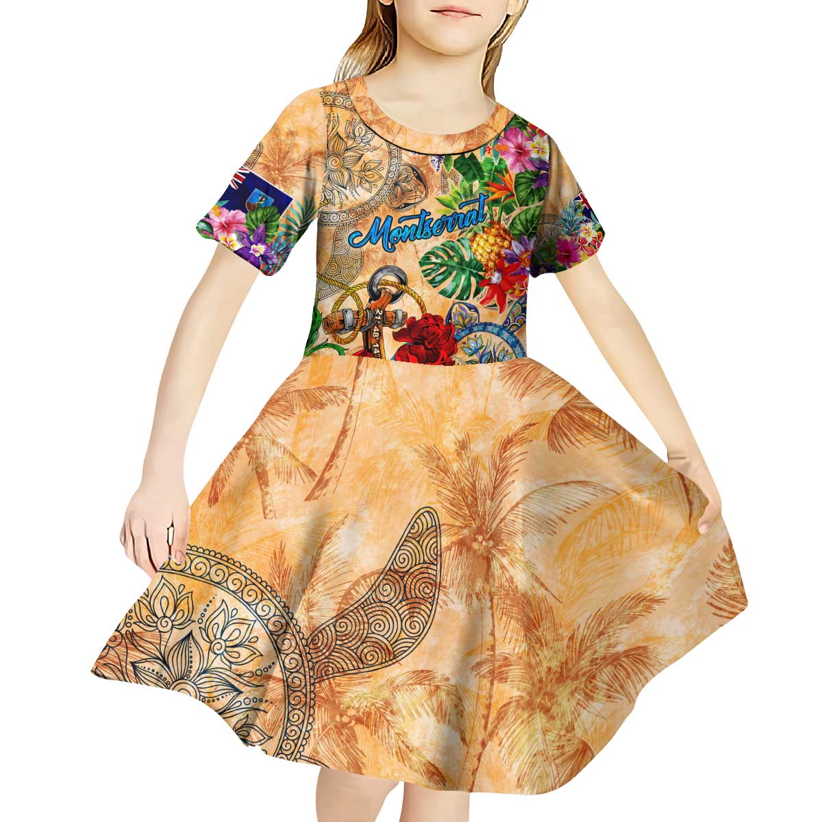 Montserrat Kid Short Sleeve Dress Geographic Coordinate Anchor - Turlte Tropical