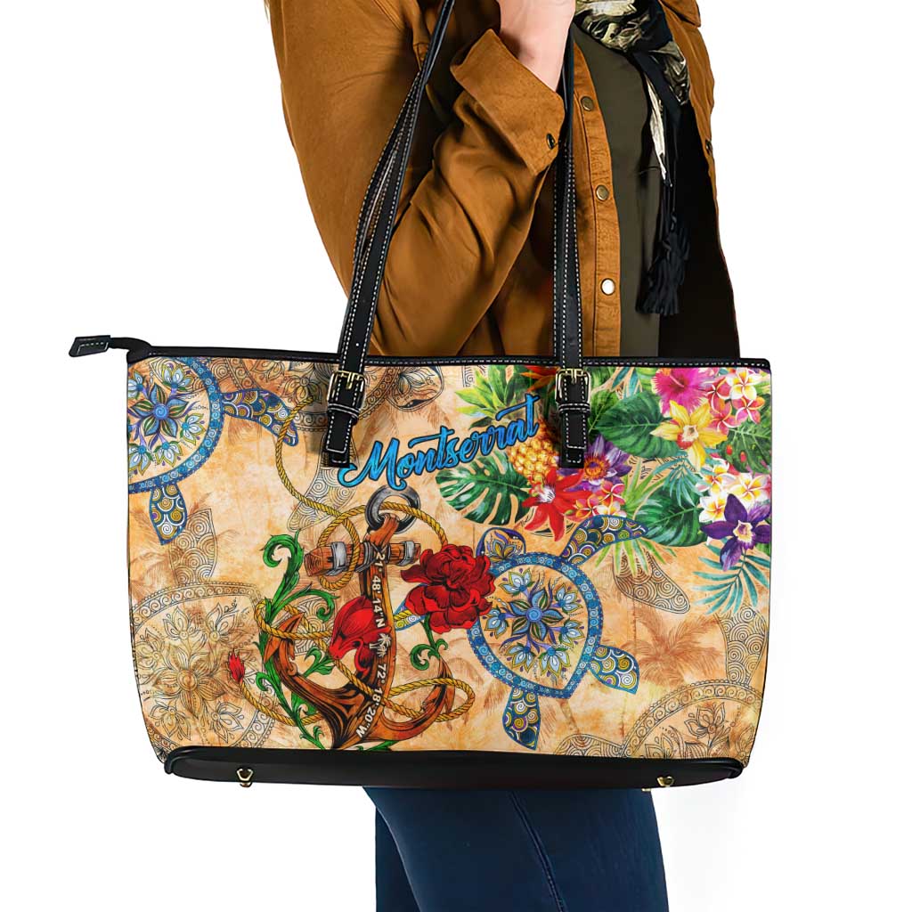 Montserrat Leather Tote Bag Geographic Coordinate Anchor - Turlte Tropical