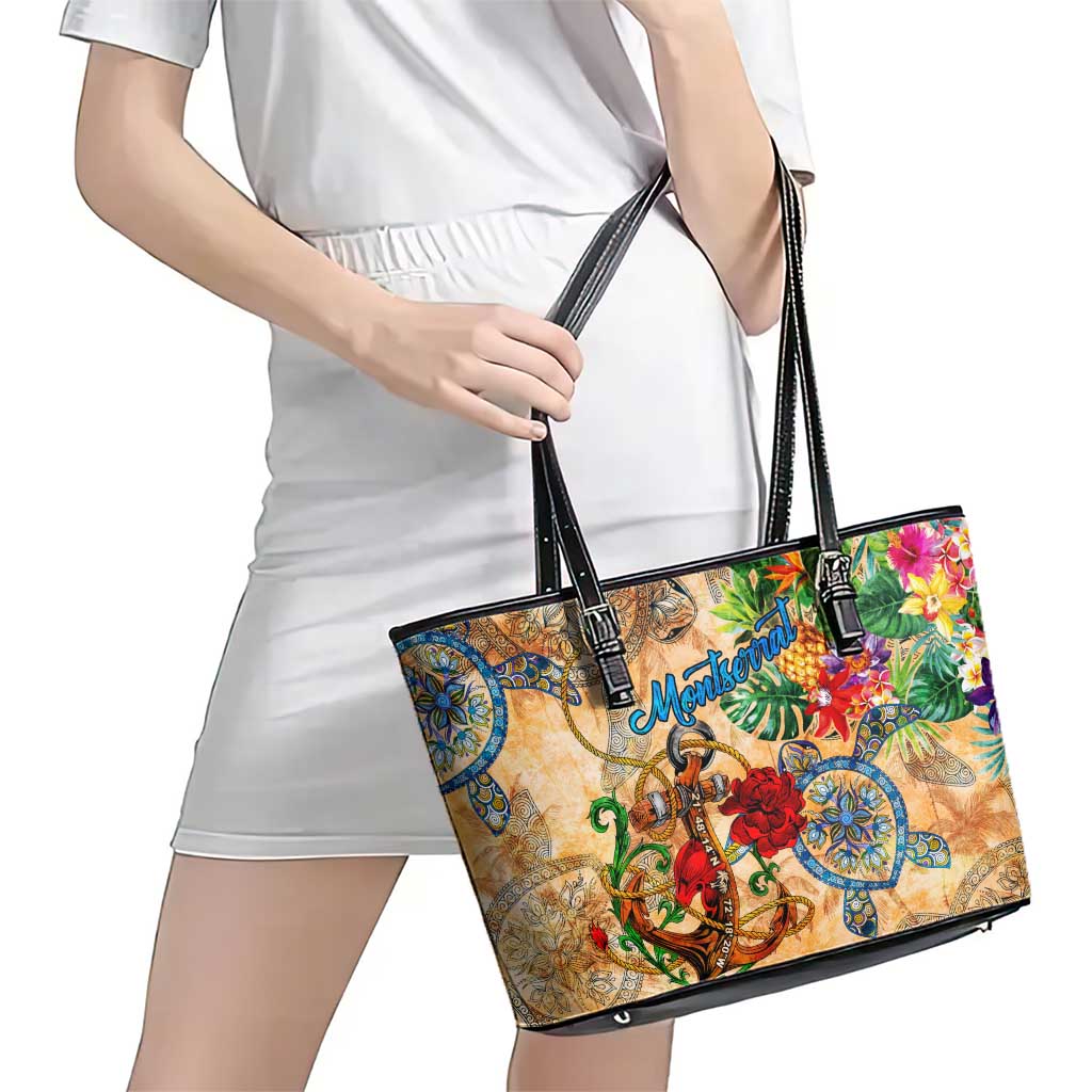 Montserrat Leather Tote Bag Geographic Coordinate Anchor - Turlte Tropical