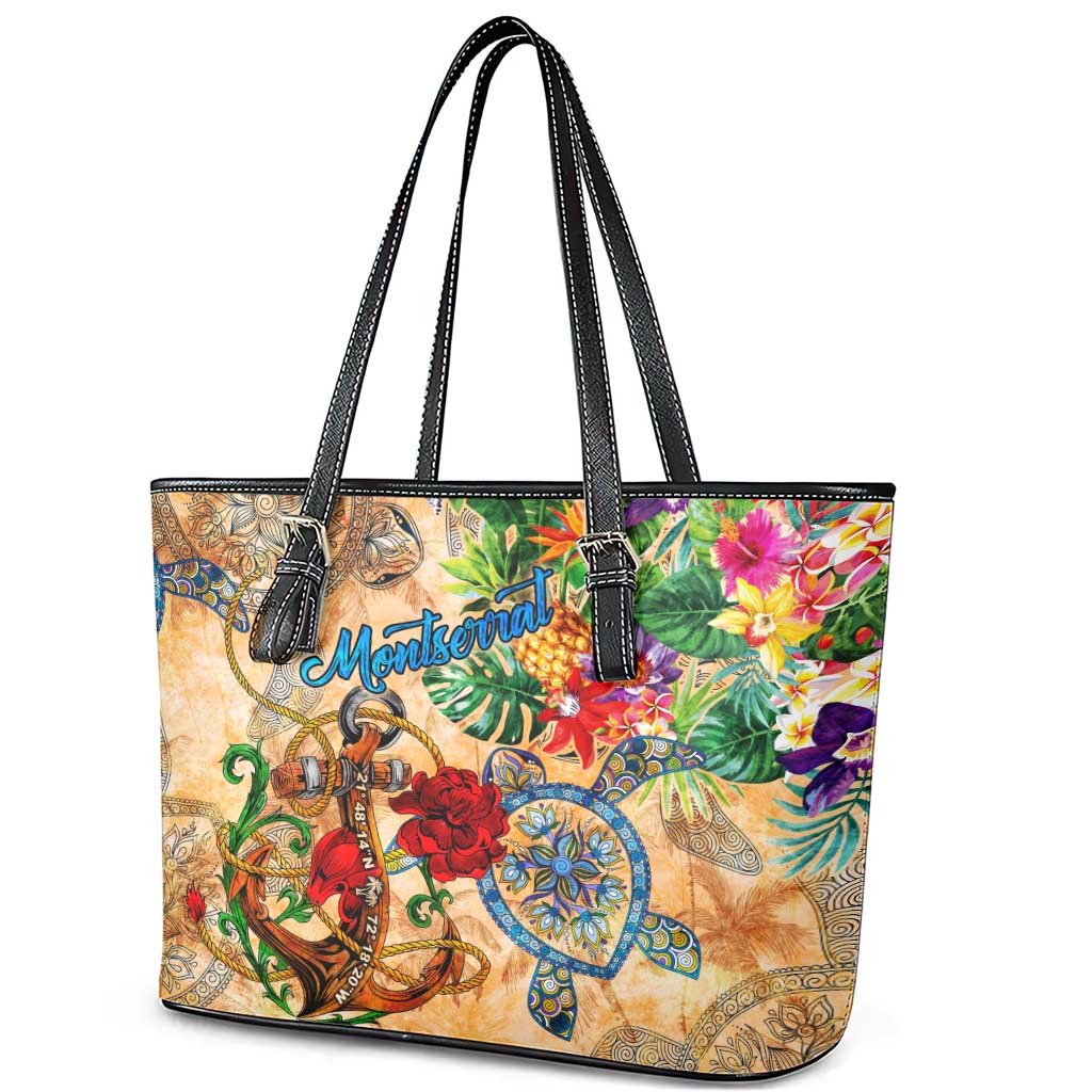 Montserrat Leather Tote Bag Geographic Coordinate Anchor - Turlte Tropical