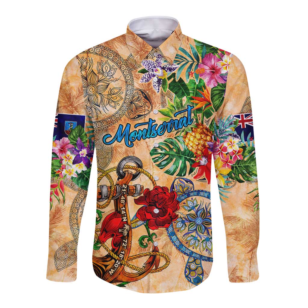 Montserrat Long Sleeve Button Shirt Geographic Coordinate Anchor - Turlte Tropical