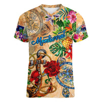 Montserrat Women V-Neck T-Shirt Geographic Coordinate Anchor - Turlte Tropical