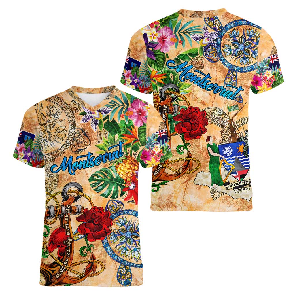 Montserrat Women V-Neck T-Shirt Geographic Coordinate Anchor - Turlte Tropical