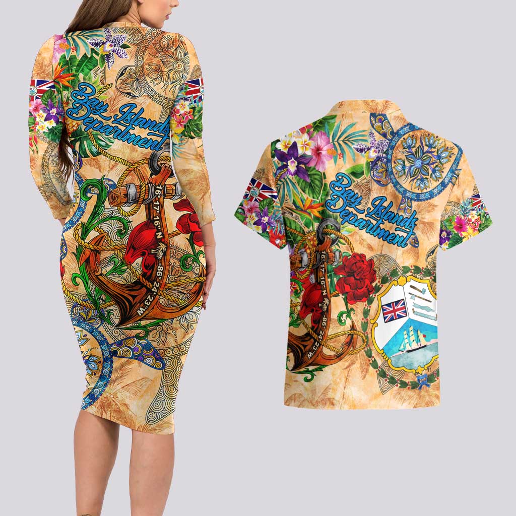 Bay Islands Department Couples Matching Long Sleeve Bodycon Dress and Hawaiian Shirt Geographic Coordinate Anchor - Turlte Tropical