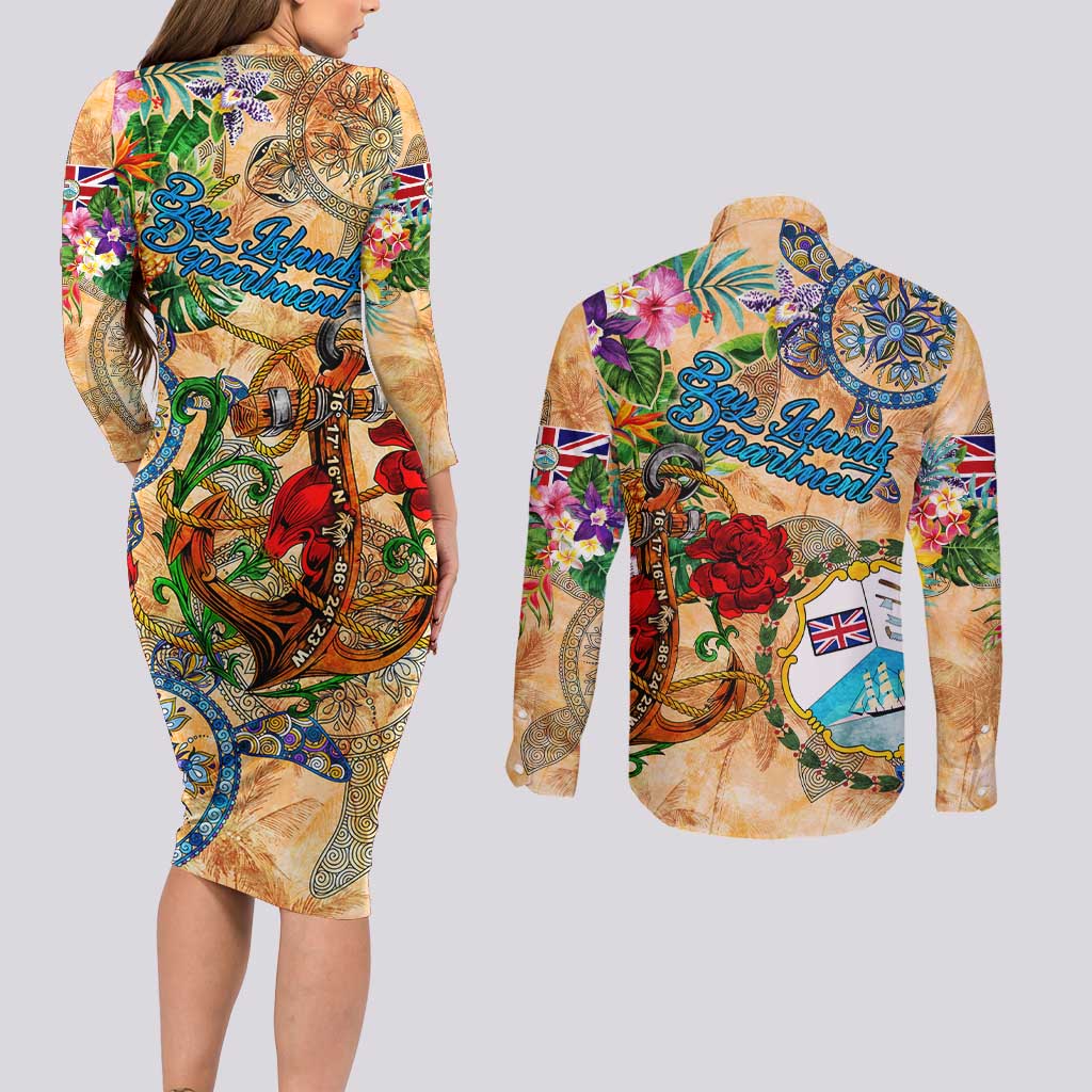 Bay Islands Department Couples Matching Long Sleeve Bodycon Dress and Long Sleeve Button Shirt Geographic Coordinate Anchor - Turlte Tropical